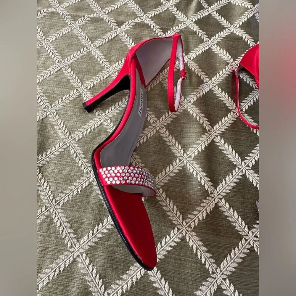 Alfani Ashton Red High-Heels with Rhinestones Ankle Strap 10M Shoes 3 1/2” Heel